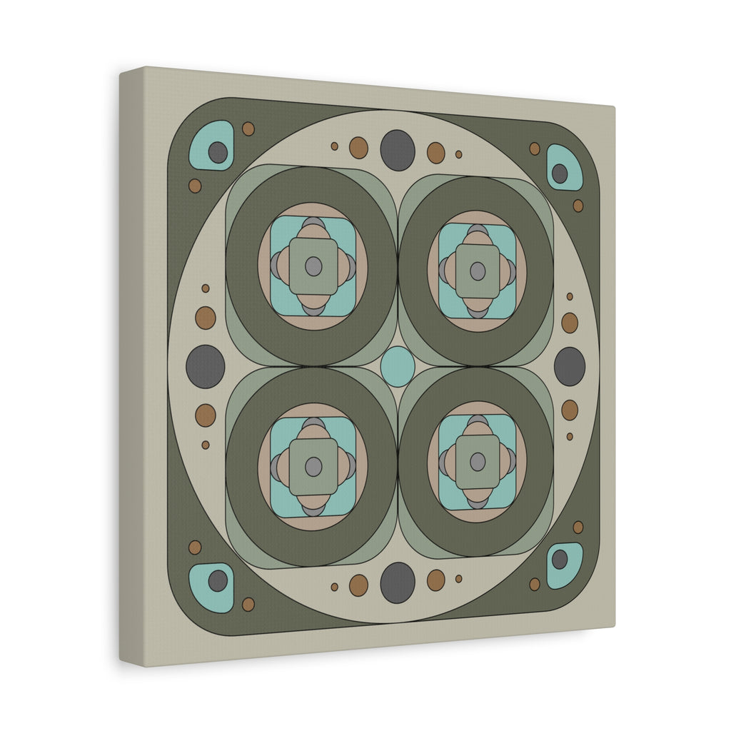 A square canvas wall art print featuring a symmetrical retro geometric pattern with concentric circles, four central medallions, and small dots in muted sage green, taupe, beige, and turquoise, shown at a slight angle on a white background.