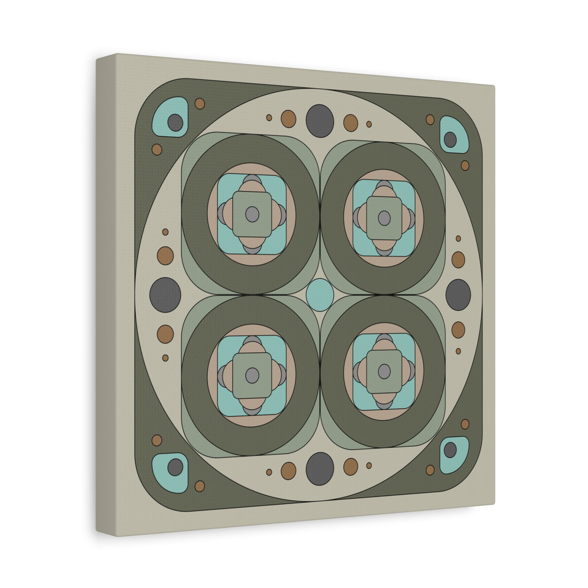 A square canvas wall art print featuring a symmetrical retro geometric pattern with concentric circles, four central medallions, and small dots in muted sage green, taupe, beige, and turquoise, shown at a slight angle on a white background.