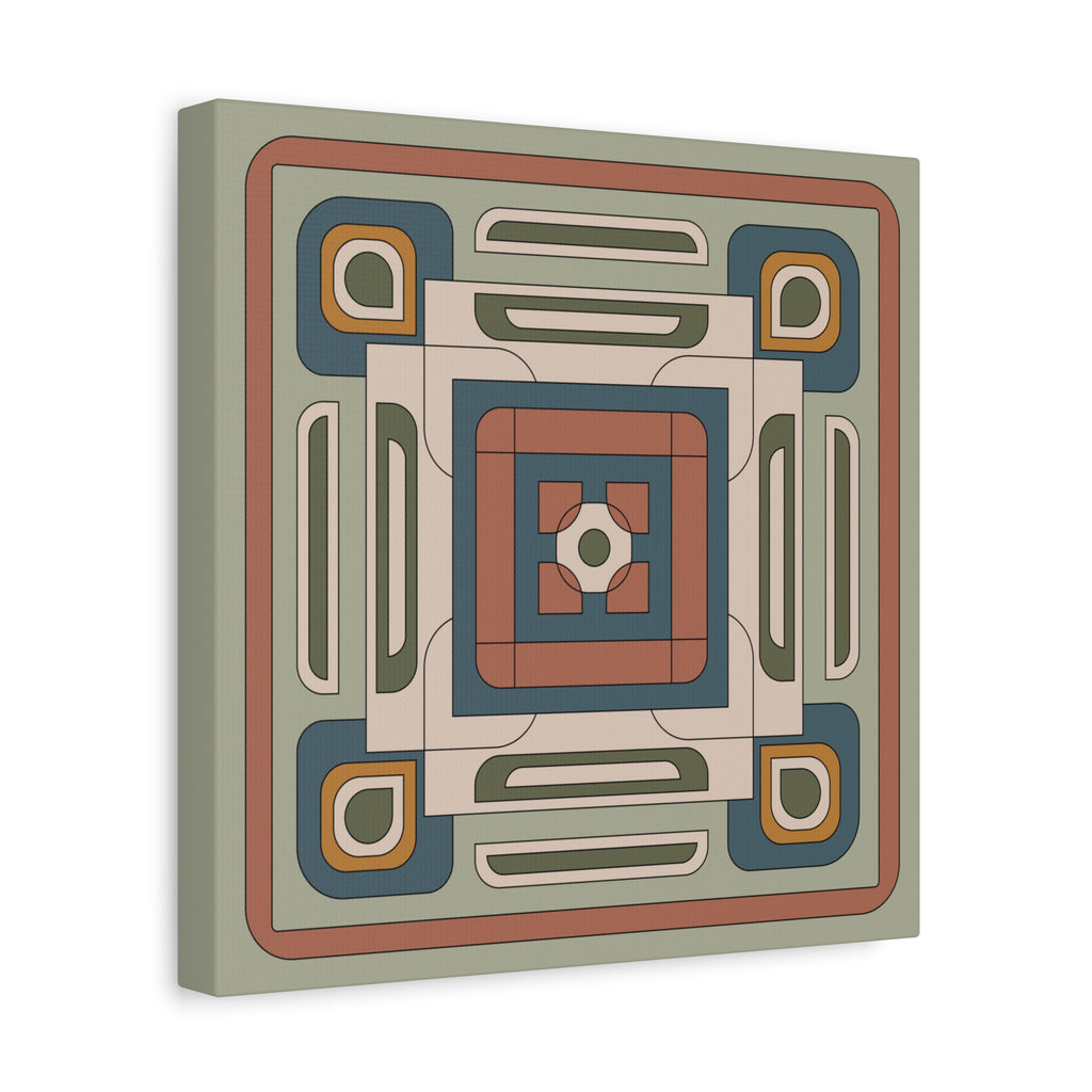 A square canvas wall art print featuring a retro geometric pattern with concentric squares and rounded shapes in muted sage green, terracotta, slate blue, cream, and mustard yellow, shown at a slight angle on a white background.