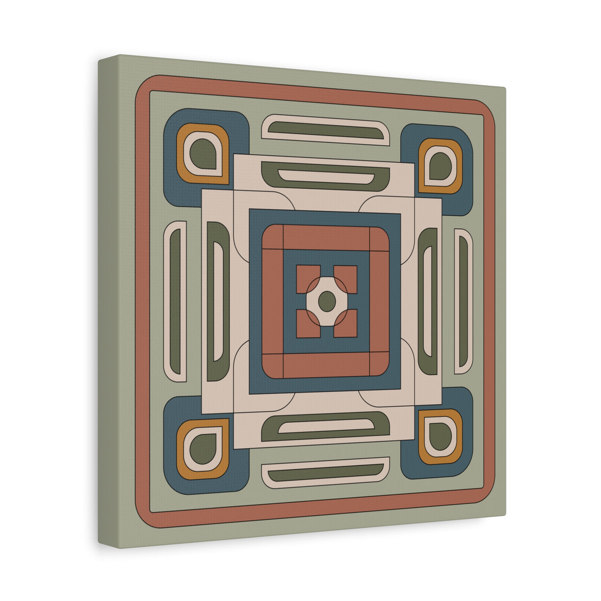 A square canvas wall art print featuring a retro geometric pattern with concentric squares and rounded shapes in muted sage green, terracotta, slate blue, cream, and mustard yellow, shown at a slight angle on a white background.