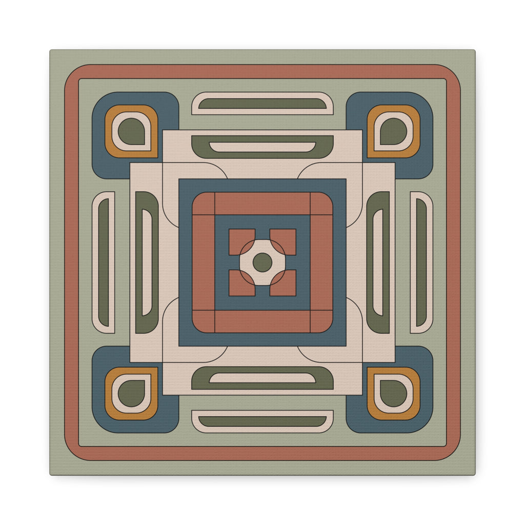 A square decorative tile or coaster featuring a retro geometric pattern in muted tones of sage green, terracotta, slate blue, cream, and mustard yellow.