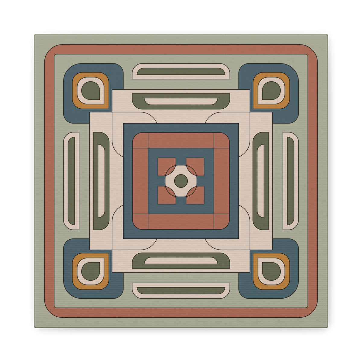 A square decorative tile or coaster featuring a retro geometric pattern in muted tones of sage green, terracotta, slate blue, cream, and mustard yellow.