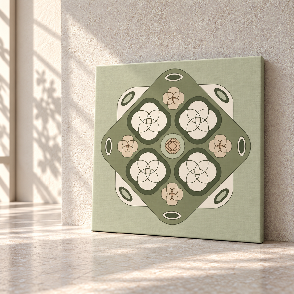 A square canvas wall art print leaning against a textured beige wall on a sunlit floor. The artwork features a symmetrical retro geometric design with olive green, cream, and beige floral and circular motifs.