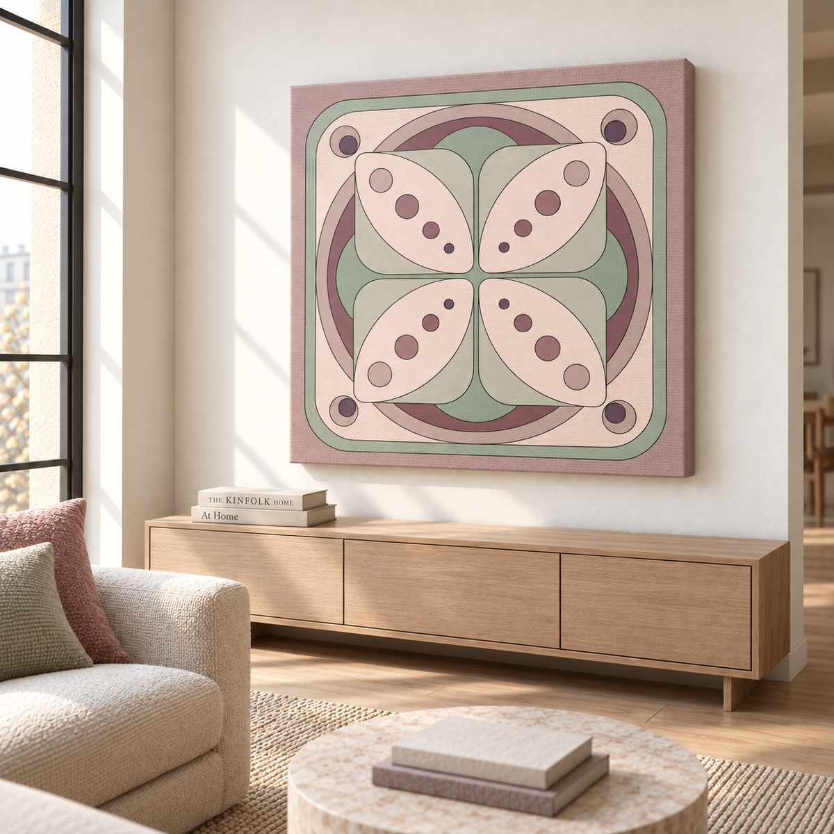 A square canvas wall art print with a retro mid-century modern floral pattern in muted pink, sage green, and taupe, displayed on a white wall above a light wood media console in a modern living room setting.