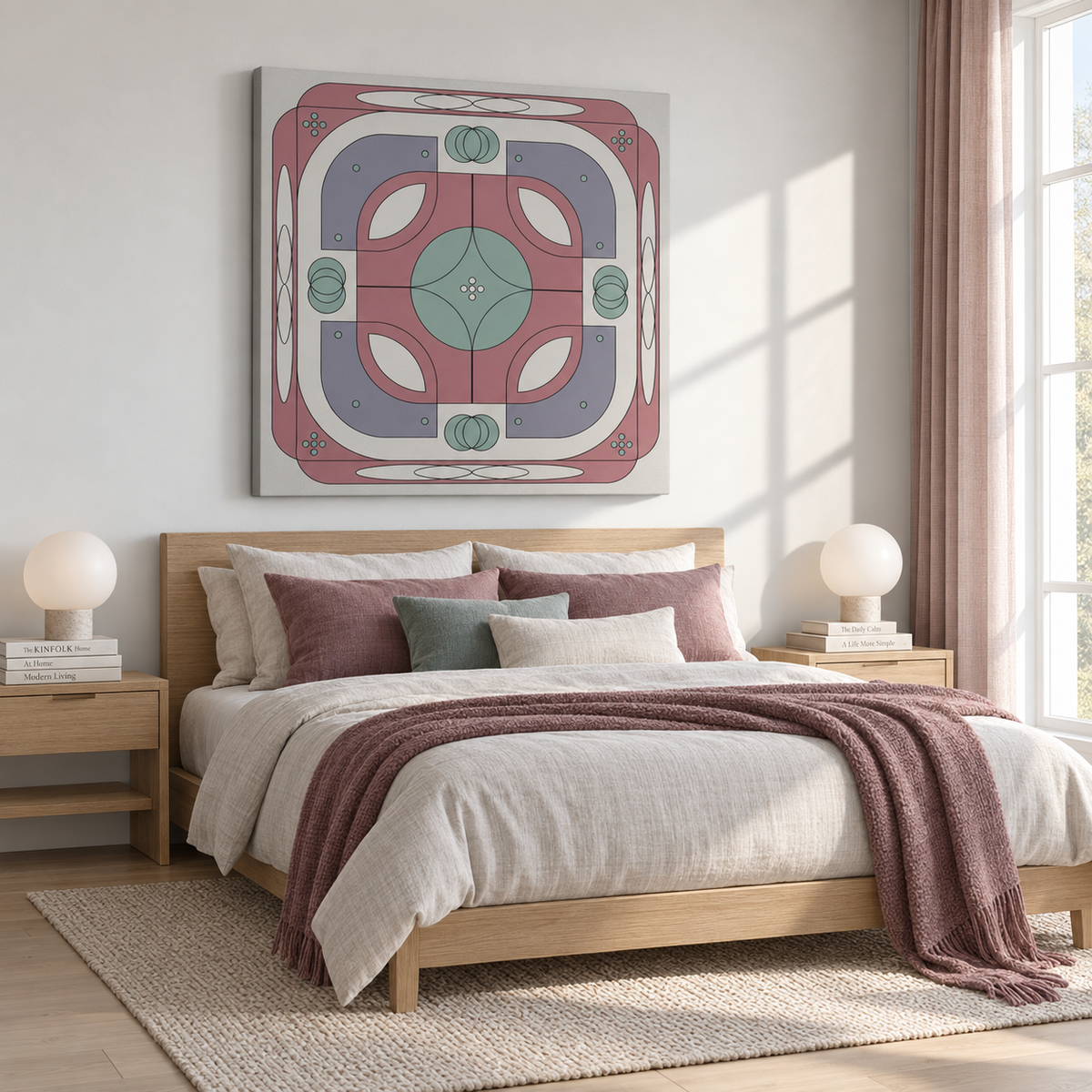 A styled bedroom scene with a wooden bed dressed in neutral linens and a mauve throw blanket, beneath a large square wall art piece featuring an abstract geometric pattern in pink, teal, lavender, and cream. The room has matching bedside tables, white lamps, pink curtains, and soft natural light from a window.
