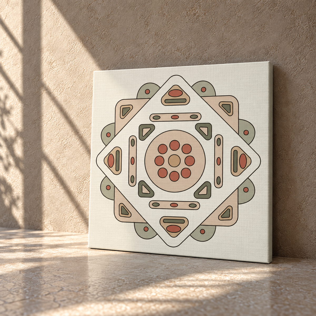 A square canvas wall art print with a geometric mandala design in beige, terracotta, and sage green, leaning against a textured stucco wall on a stone floor with soft window shadows.