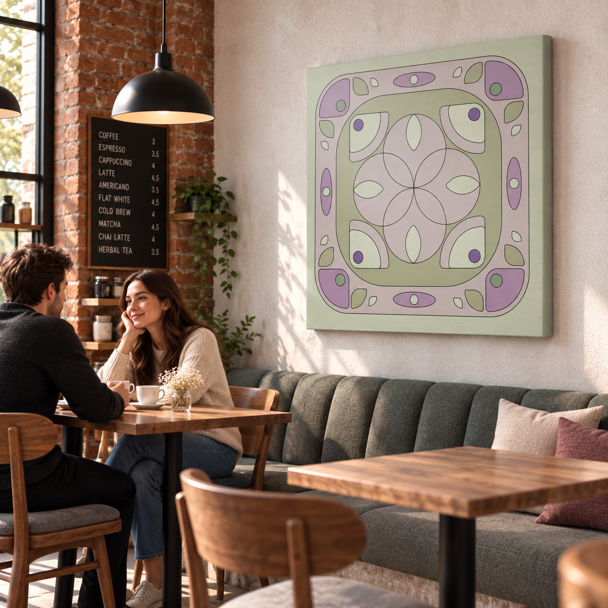 A square canvas wall art print with a retro mid-century modern floral pattern in sage green, lavender, and cream, hanging on a white wall in a cozy, sunlit cafe with a couple seated at a wooden table below.