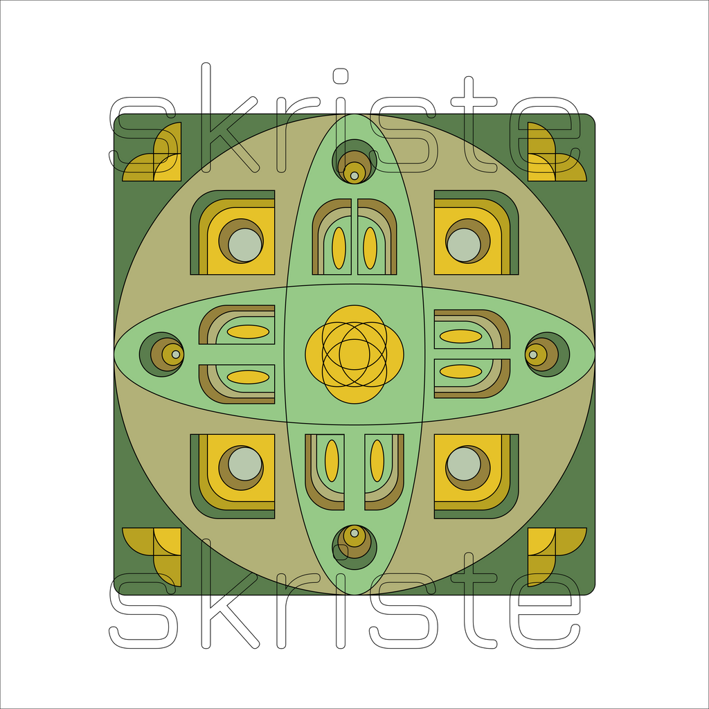A square abstract geometric design with symmetrical oval and curved shapes in olive green, light green, yellow, and tan on a white background, with a faint 'skriste' watermark across the image.