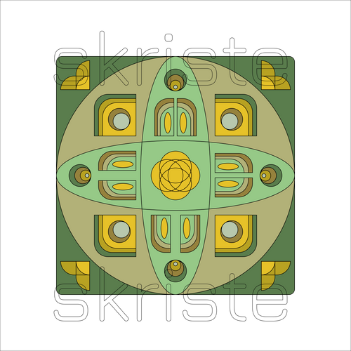 A square abstract geometric design with symmetrical oval and curved shapes in olive green, light green, yellow, and tan on a white background, with a faint 'skriste' watermark across the image.