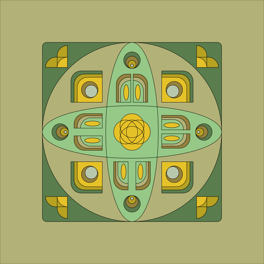 A symmetrical geometric art print featuring a central green and yellow flower-like motif surrounded by concentric circles and decorative corner shapes, set against a solid olive-green background.