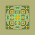 A symmetrical geometric art print featuring a central green and yellow flower-like motif surrounded by concentric circles and decorative corner shapes, set against a solid olive-green background.