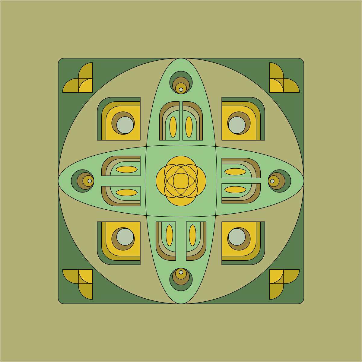 A symmetrical geometric art print featuring a central green and yellow flower-like motif surrounded by concentric circles and decorative corner shapes, set against a solid olive-green background.