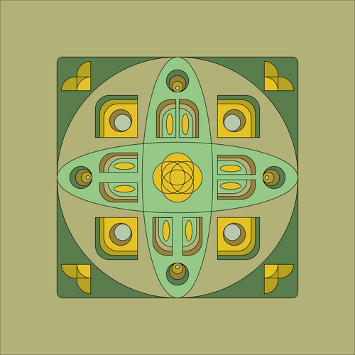 A symmetrical geometric art print featuring a central green and yellow flower-like motif surrounded by concentric circles and decorative corner shapes, set against a solid olive-green background.