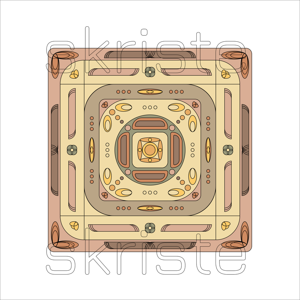A top-down vector illustration of a highly symmetrical, ornate geometric pattern in shades of beige, brown, tan, and muted orange, with a white background and a faint 'skriste' watermark.