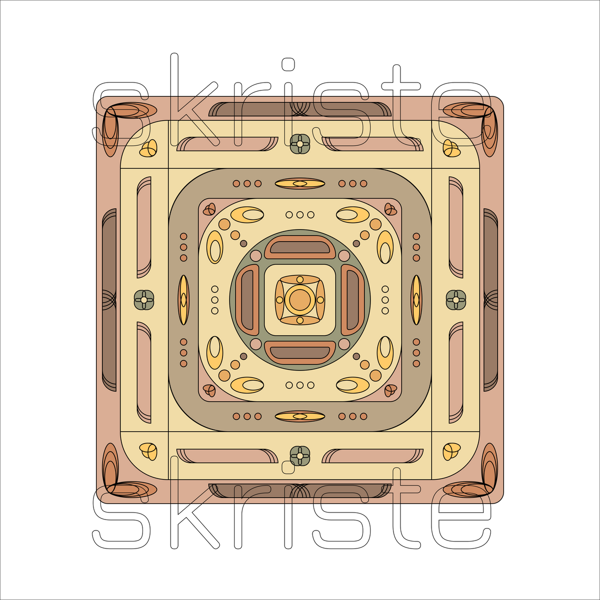 A top-down vector illustration of a highly symmetrical, ornate geometric pattern in shades of beige, brown, tan, and muted orange, with a white background and a faint 'skriste' watermark.