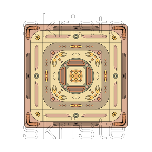 A top-down vector illustration of a highly symmetrical, ornate geometric pattern in shades of beige, brown, tan, and muted orange, with a white background and a faint 'skriste' watermark.