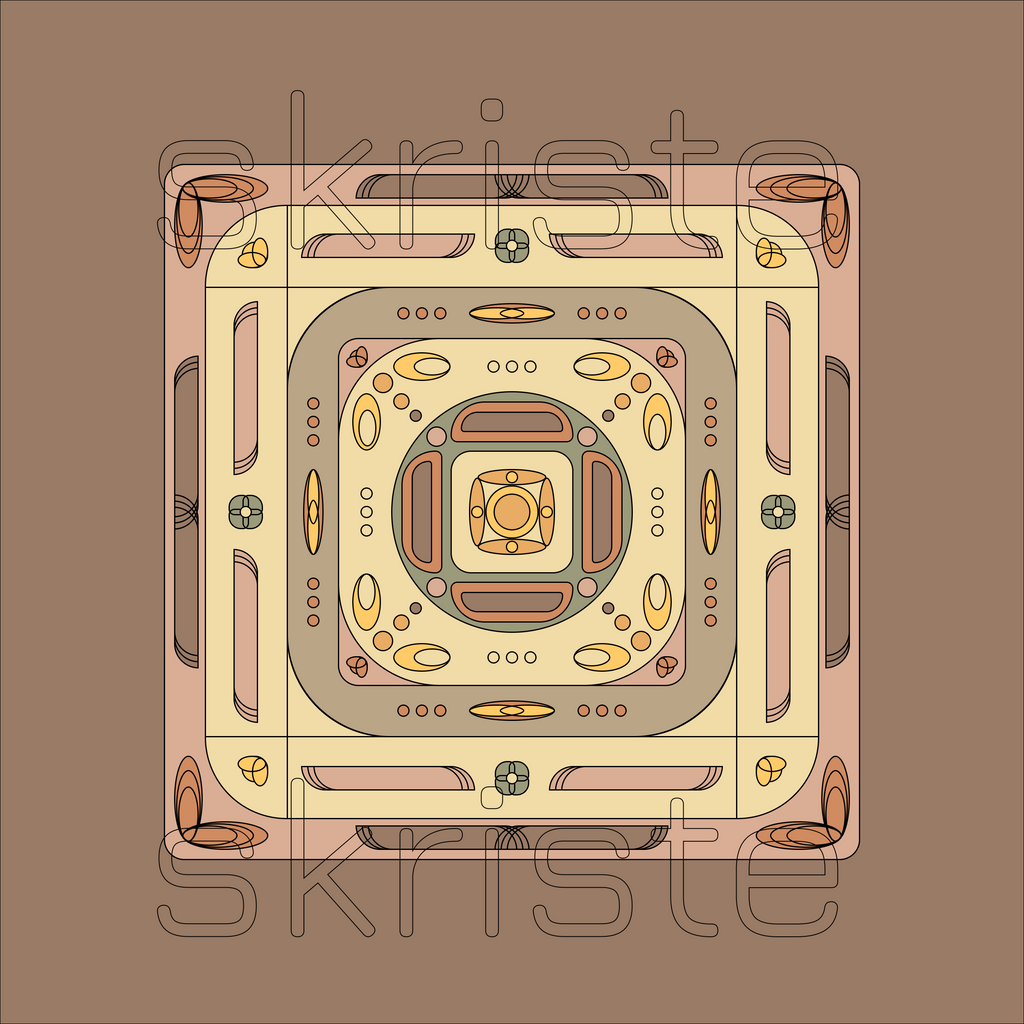 A symmetrical geometric pattern illustration featuring concentric squares and decorative oval and circular motifs in beige, brown, pink, and yellow tones, with a faint 'skriste' watermark across the center on a solid brown background.