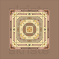 A symmetrical geometric pattern illustration featuring concentric squares and decorative oval and circular motifs in beige, brown, pink, and yellow tones, with a faint 'skriste' watermark across the center on a solid brown background.