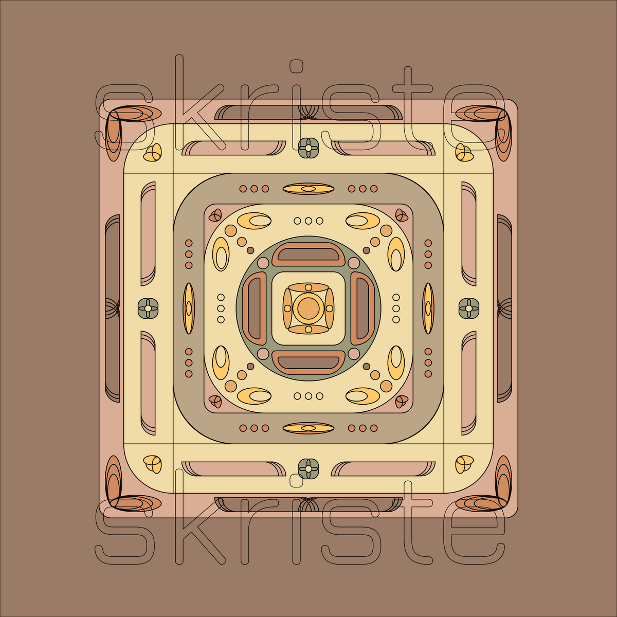 A symmetrical geometric pattern illustration featuring concentric squares and decorative oval and circular motifs in beige, brown, pink, and yellow tones, with a faint 'skriste' watermark across the center on a solid brown background.