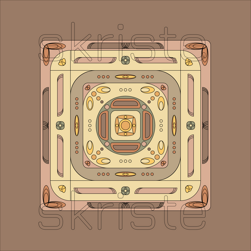 A symmetrical geometric pattern illustration featuring concentric squares and decorative oval and circular motifs in beige, brown, pink, and yellow tones, with a faint 'skriste' watermark across the center on a solid brown background.