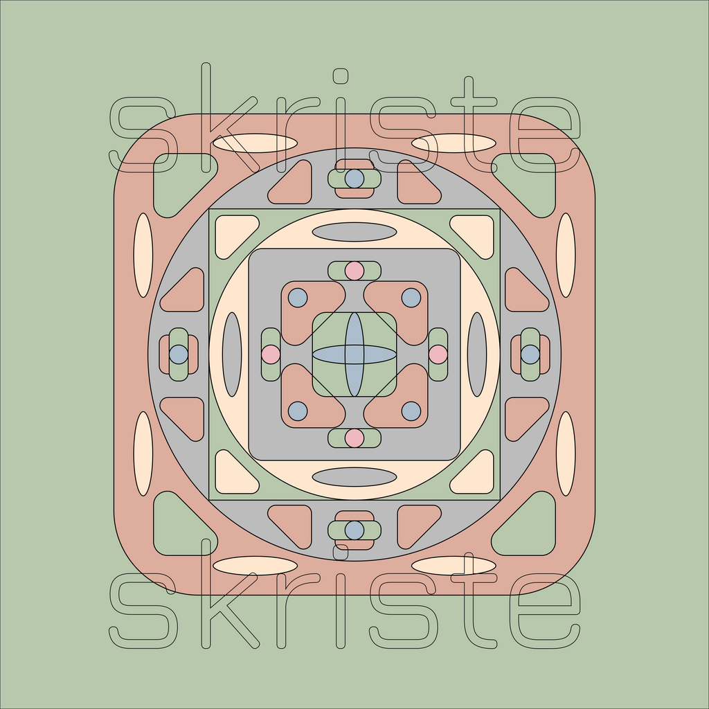 A centered geometric art print featuring a symmetrical retro pattern in muted pink, beige, gray, blue, and green on a sage green background, with a faint 'skriste' watermark across the design.