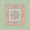 A centered geometric art print featuring a symmetrical retro pattern in muted pink, beige, gray, blue, and green on a sage green background, with a faint 'skriste' watermark across the design.