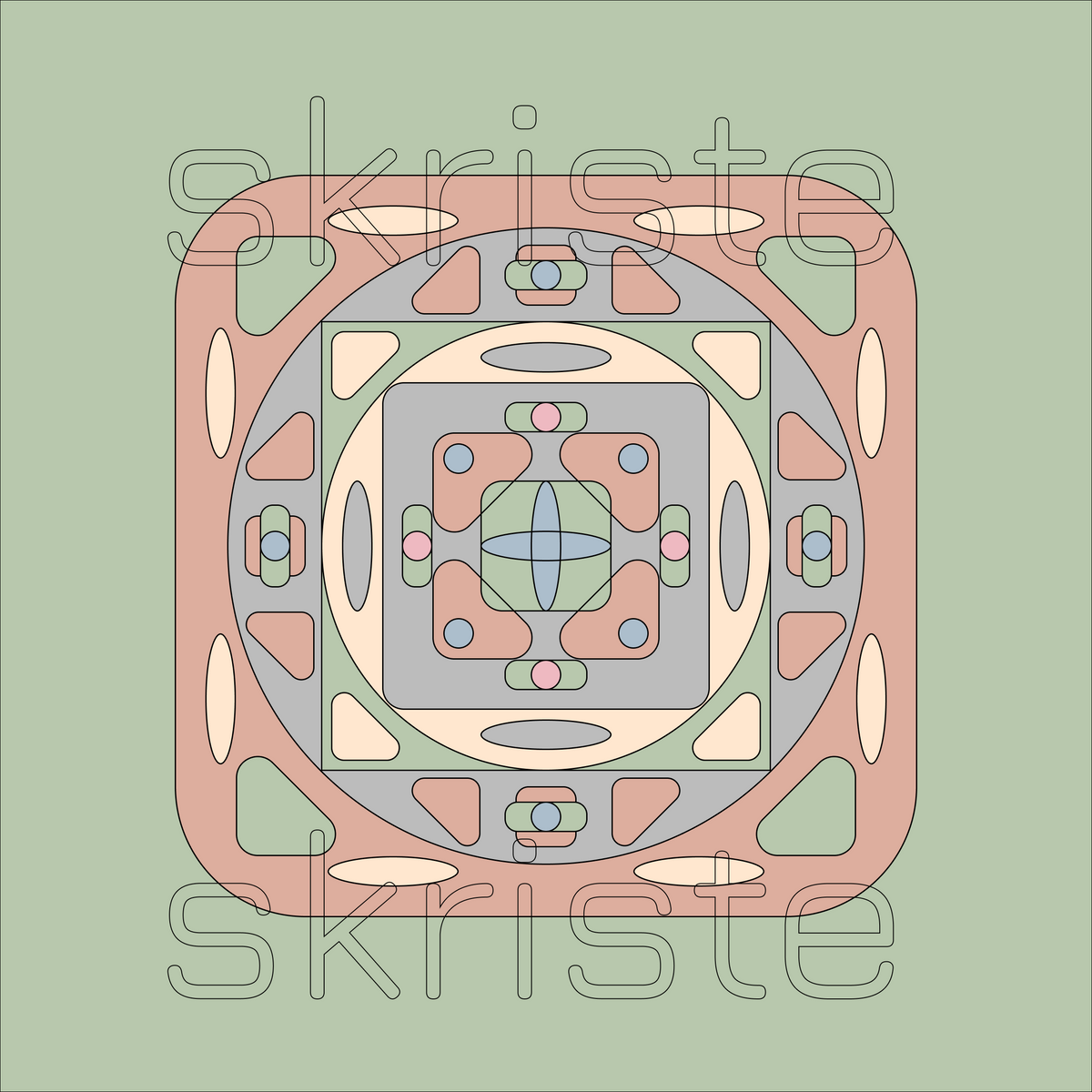 A centered geometric art print featuring a symmetrical retro pattern in muted pink, beige, gray, blue, and green on a sage green background, with a faint 'skriste' watermark across the design.