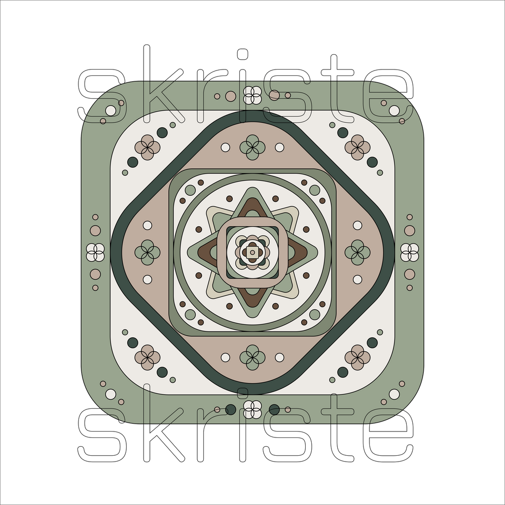 A square geometric pattern design with concentric diamond and floral motifs in muted sage green, beige, brown, and cream, overlaid with a large semi-transparent 'skriste' watermark across the center on a white background.