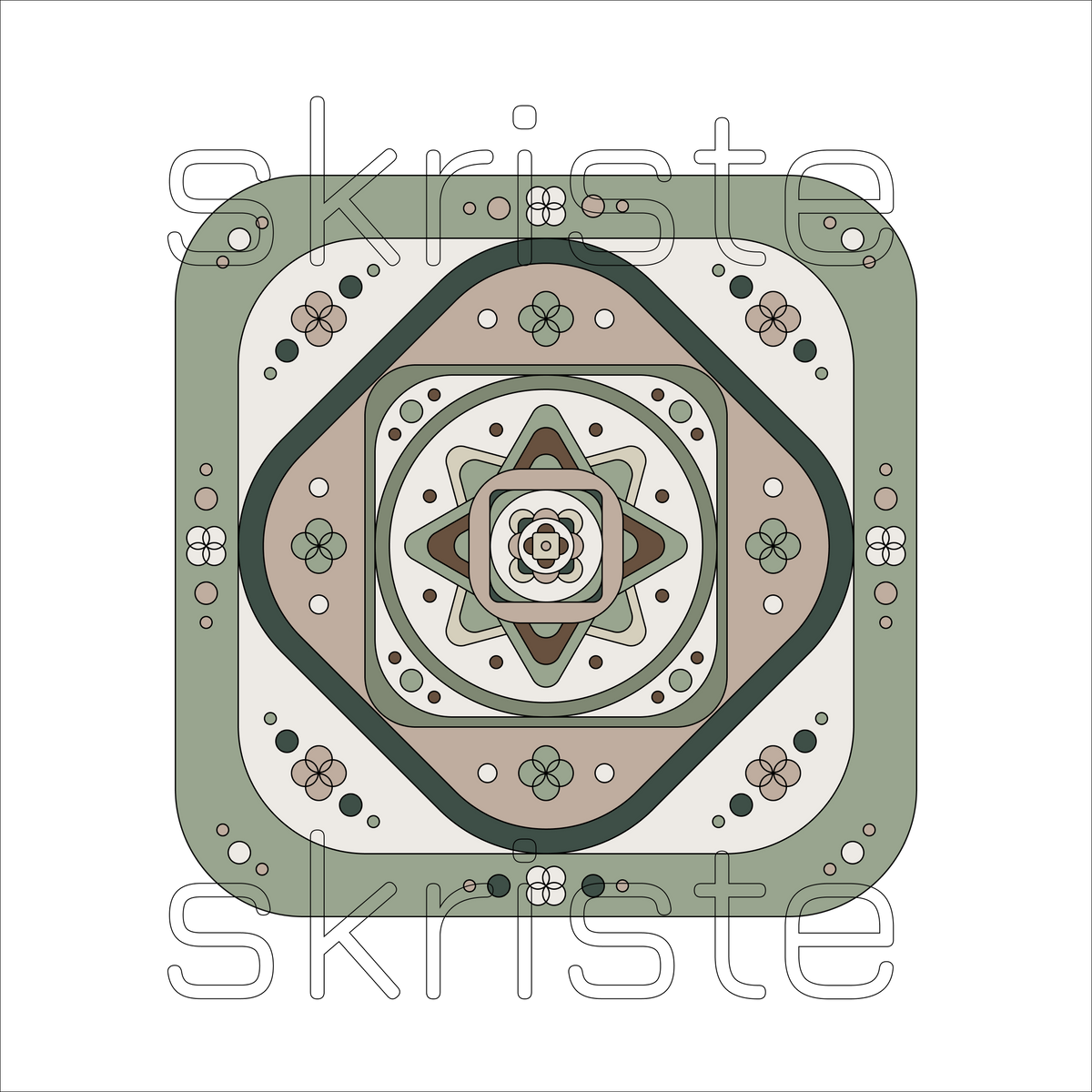 A square geometric pattern design with concentric diamond and floral motifs in muted sage green, beige, brown, and cream, overlaid with a large semi-transparent 'skriste' watermark across the center on a white background.