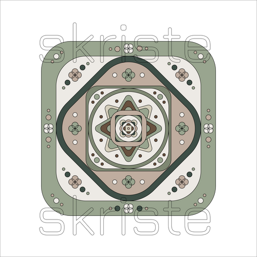 A square geometric pattern design with concentric diamond and floral motifs in muted sage green, beige, brown, and cream, overlaid with a large semi-transparent 'skriste' watermark across the center on a white background.