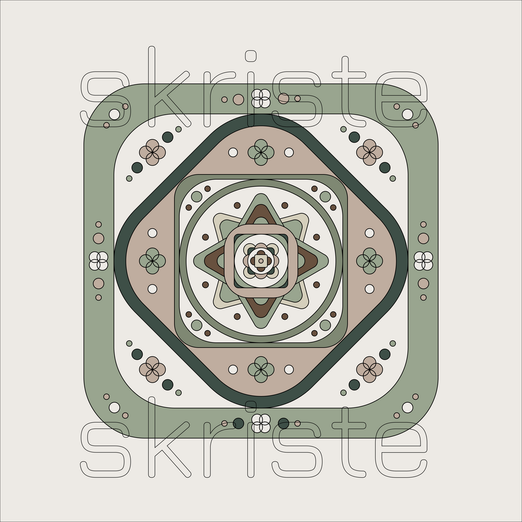 A square geometric art print featuring a symmetrical, mandala-like pattern with concentric shapes, floral motifs, and dots in muted sage green, beige, brown, and white, with a faint 'skriste' watermark across the center.