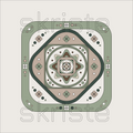 A square geometric art print featuring a symmetrical, mandala-like pattern with concentric shapes, floral motifs, and dots in muted sage green, beige, brown, and white, with a faint 'skriste' watermark across the center.