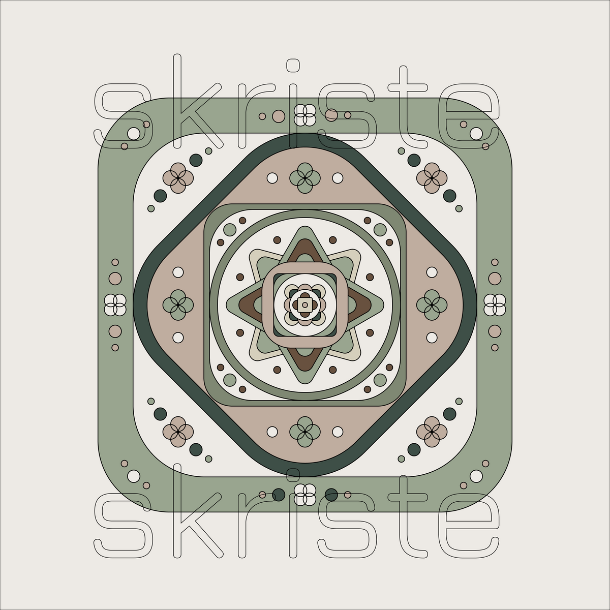 A square geometric art print featuring a symmetrical, mandala-like pattern with concentric shapes, floral motifs, and dots in muted sage green, beige, brown, and white, with a faint 'skriste' watermark across the center.