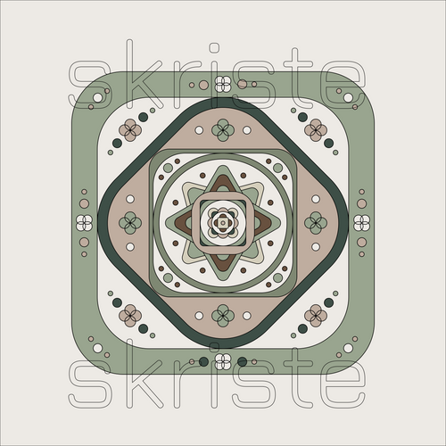 A square geometric art print featuring a symmetrical, mandala-like pattern with concentric shapes, floral motifs, and dots in muted sage green, beige, brown, and white, with a faint 'skriste' watermark across the center.