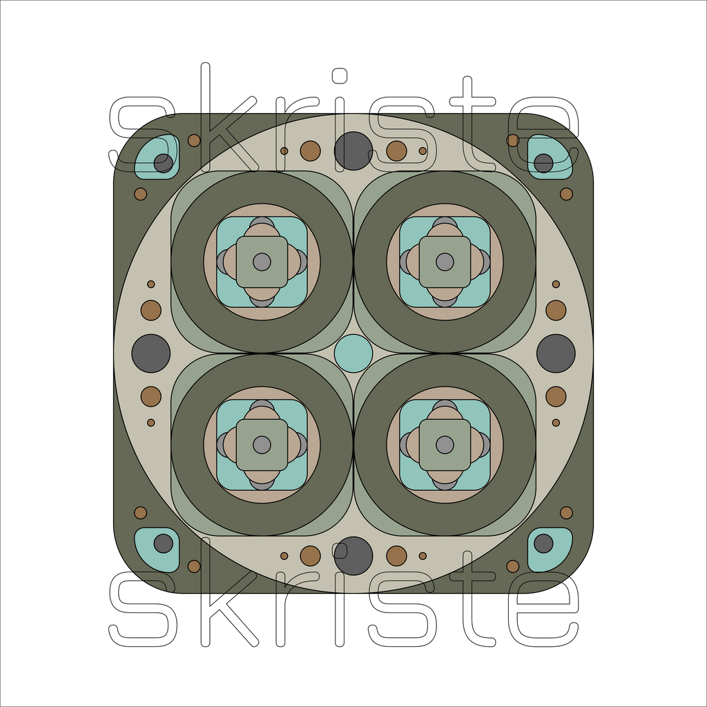 A square abstract geometric artwork with four large oval forms arranged in a 2x2 layout, surrounded by layered circles and small dots. The design uses muted olive green, beige, light blue, gray, and brown tones on a white background, with a faint repeated 'skriste' watermark across the image.