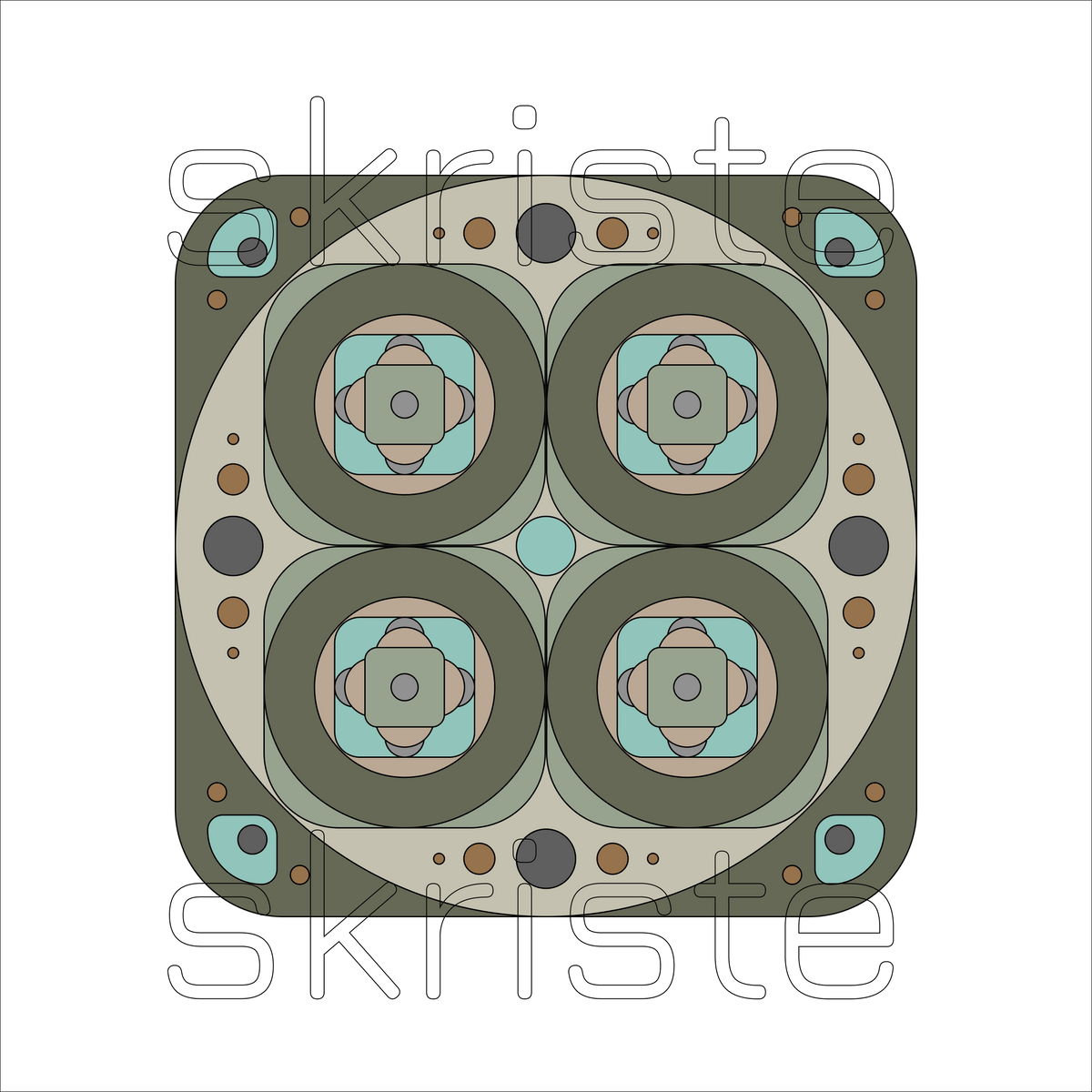 A square abstract geometric artwork with four large oval forms arranged in a 2x2 layout, surrounded by layered circles and small dots. The design uses muted olive green, beige, light blue, gray, and brown tones on a white background, with a faint repeated 'skriste' watermark across the image.