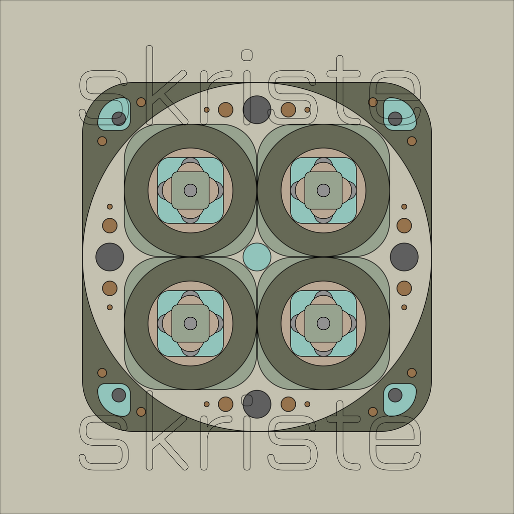 A square abstract geometric artwork with four large oval forms arranged in a 2x2 grid, surrounded by layered circles and dots. The design uses muted olive green, cream, light blue, taupe, and dark gray on a warm beige background.