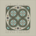 A square abstract geometric artwork with four large oval forms arranged in a 2x2 grid, surrounded by layered circles and dots. The design uses muted olive green, cream, light blue, taupe, and dark gray on a warm beige background.