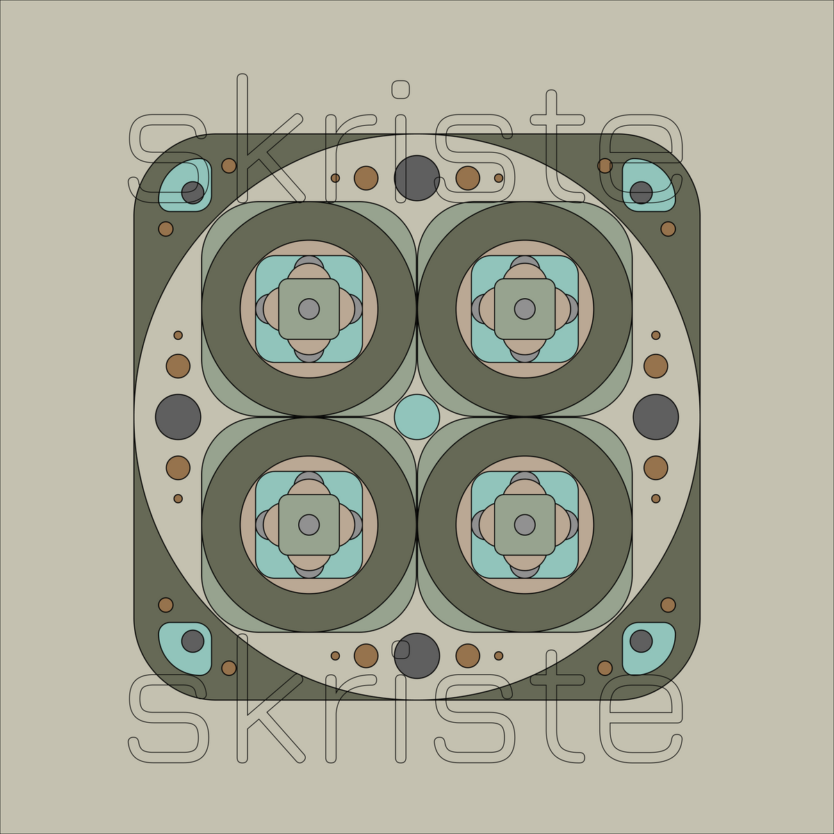 A square abstract geometric artwork with four large oval forms arranged in a 2x2 grid, surrounded by layered circles and dots. The design uses muted olive green, cream, light blue, taupe, and dark gray on a warm beige background.