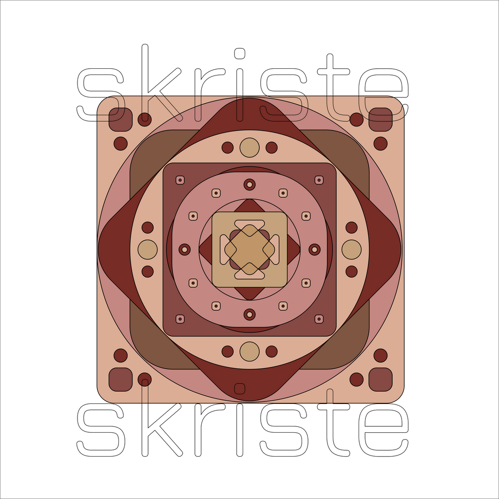 A centered geometric graphic with layered circular and square shapes in muted pink, brown, tan, and burgundy tones, overlaid with the word 'skriste' in a large outlined serif font on a light gray background.