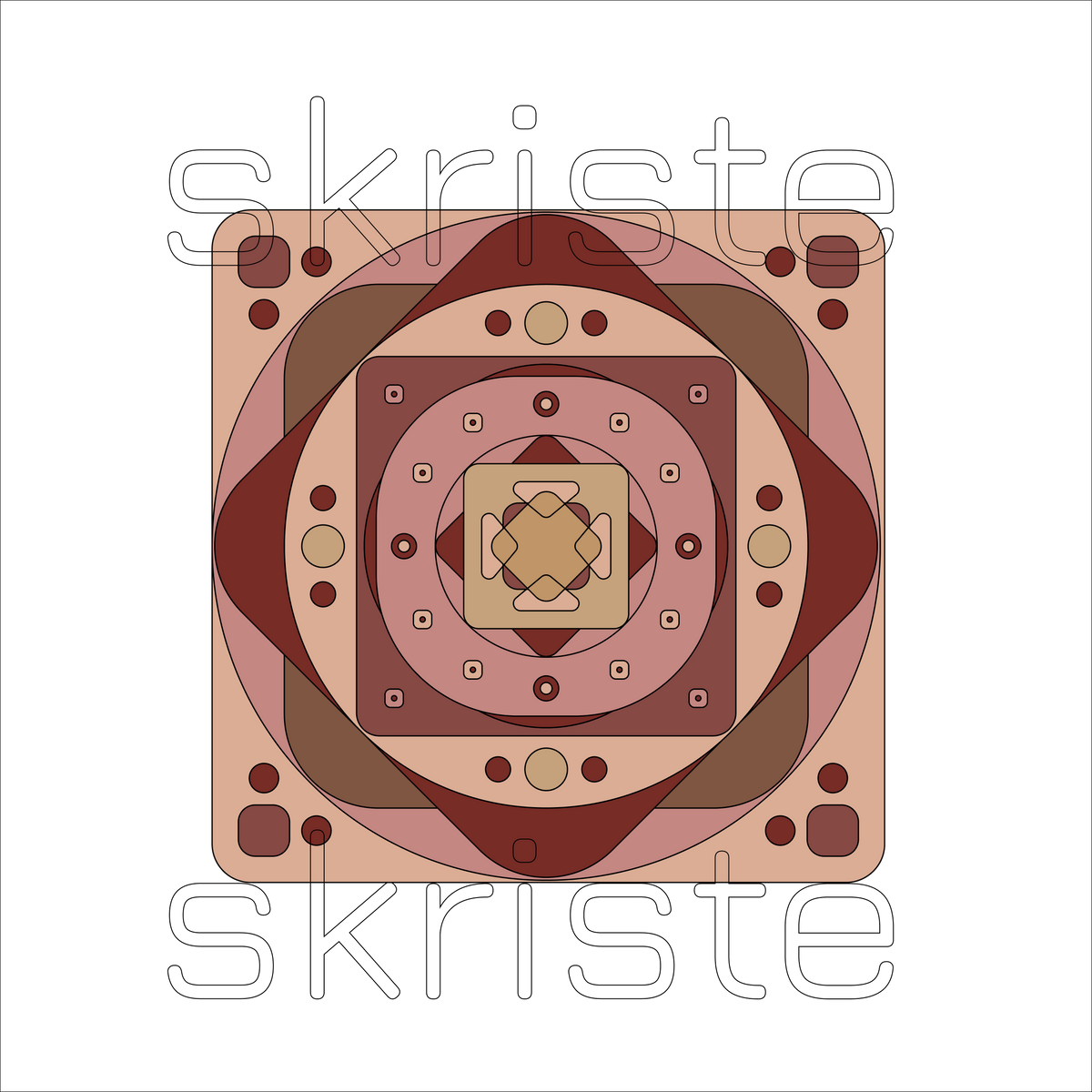 A centered geometric graphic with layered circular and square shapes in muted pink, brown, tan, and burgundy tones, overlaid with the word 'skriste' in a large outlined serif font on a light gray background.