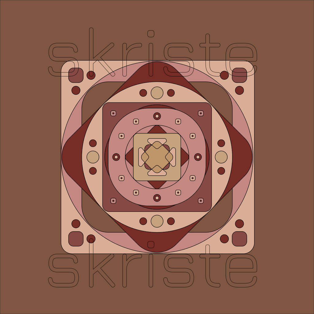 Geometric canvas print with concentric rings and squares in warm earth tones — brown, mauve, and cream.