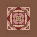 Geometric canvas print with concentric rings and squares in warm earth tones — brown, mauve, and cream.