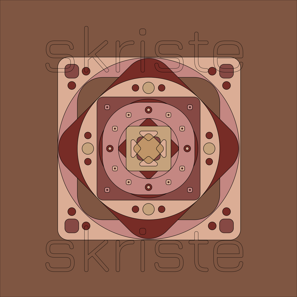 Geometric canvas print with concentric rings and squares in warm earth tones — brown, mauve, and cream.
