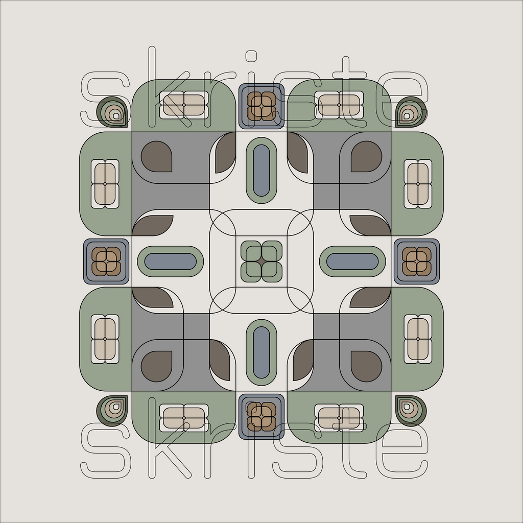 A symmetrical geometric pattern featuring  modern style green, gray, blue, and brown shapes arranged in a square layout on a light beige background, with a faint 'skriste' watermark across the center.