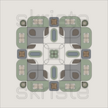 A symmetrical geometric pattern featuring  modern style green, gray, blue, and brown shapes arranged in a square layout on a light beige background, with a faint 'skriste' watermark across the center.
