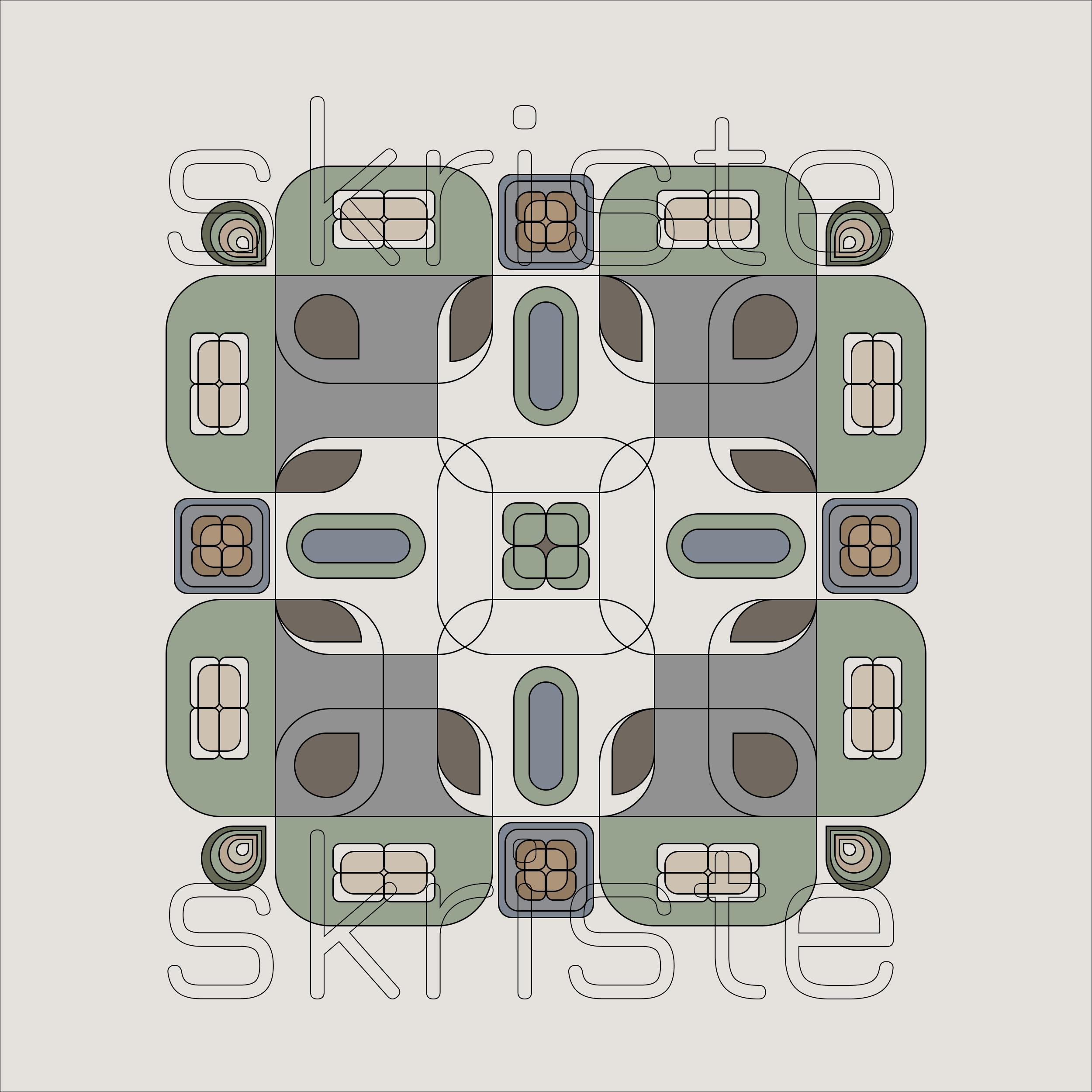 A symmetrical geometric pattern featuring  modern style green, gray, blue, and brown shapes arranged in a square layout on a light beige background, with a faint 'skriste' watermark across the center.
