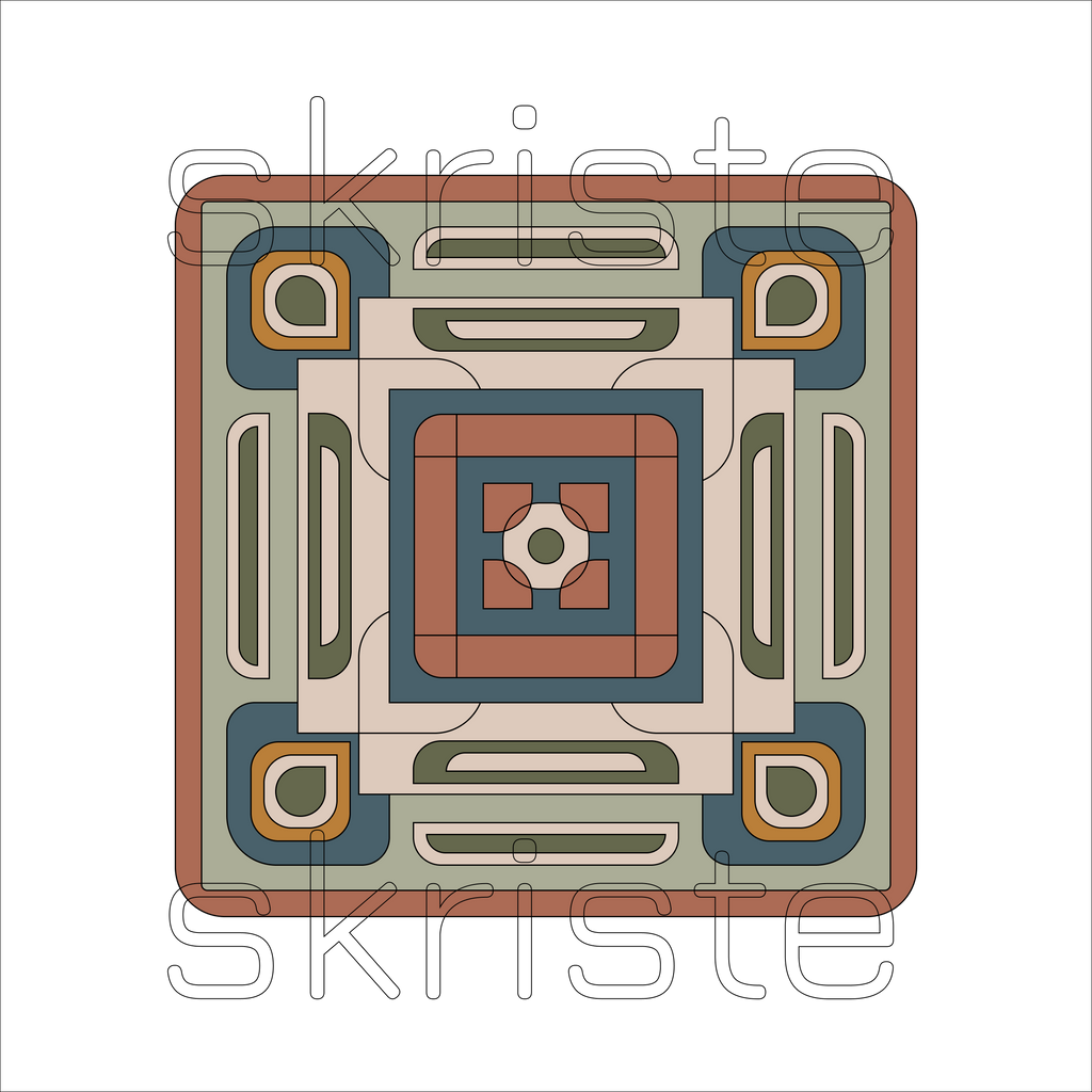 A square geometric pattern tile with a symmetrical, retro-inspired design in muted tones of terracotta, slate blue, sage green, and cream, overlaid with a semi-transparent 'skriste' watermark.