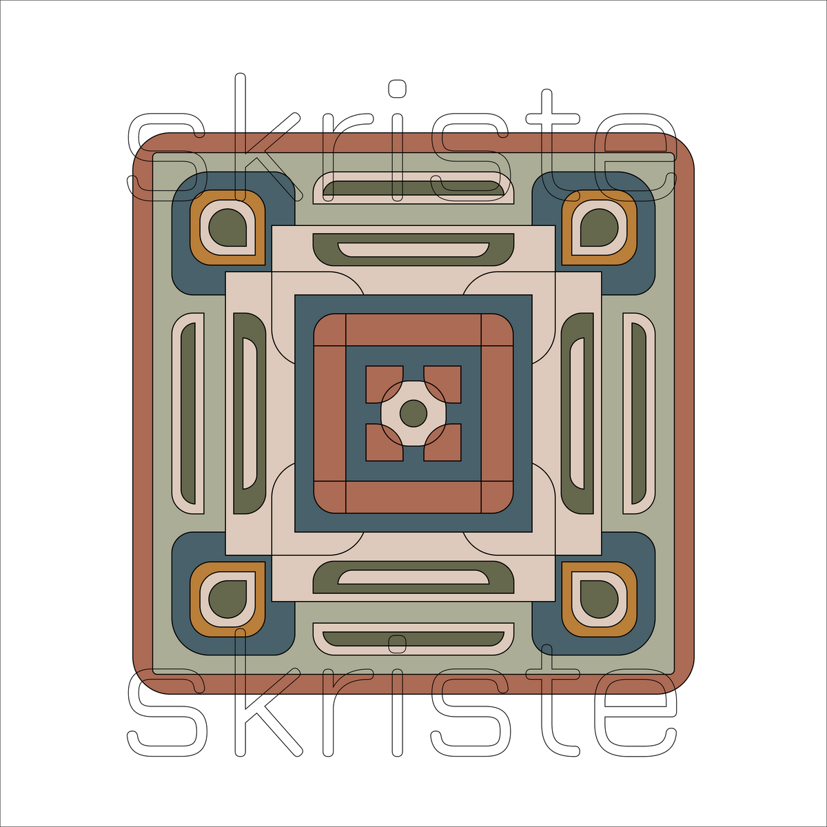 A square geometric pattern tile with a symmetrical, retro-inspired design in muted tones of terracotta, slate blue, sage green, and cream, overlaid with a semi-transparent 'skriste' watermark.