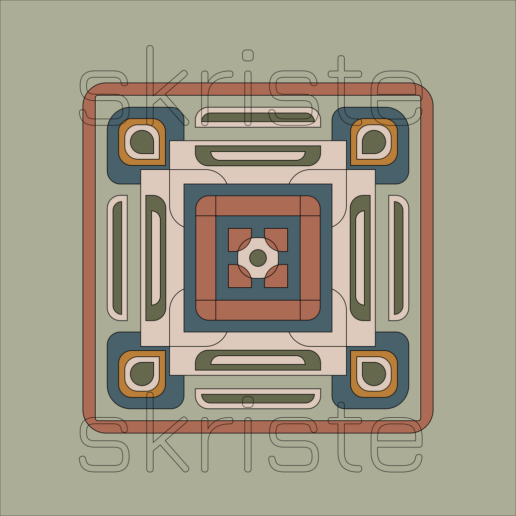 A square geometric pattern design with a symmetrical, mandala-like layout in muted earth tones, featuring a central floral motif and concentric square borders. The design is overlaid with a semi-transparent diagonal watermark reading 'skriste'.